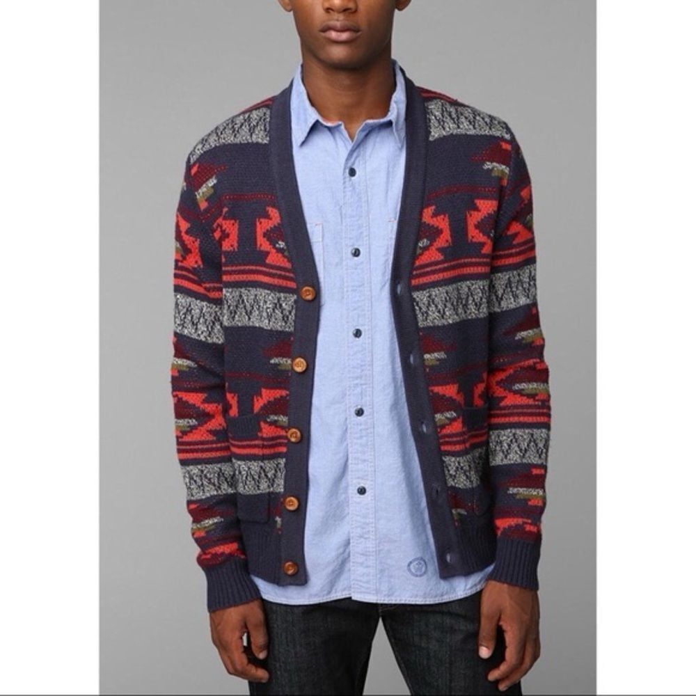 Koto | Men's Patterned Cardigan Southwestern Sweater - Red and Blue